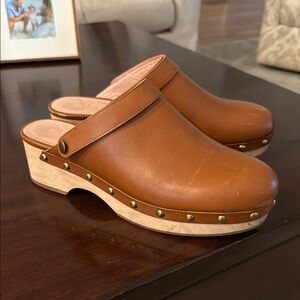 J. Crew Tan Mules with Wooden Sole and Gold Studs